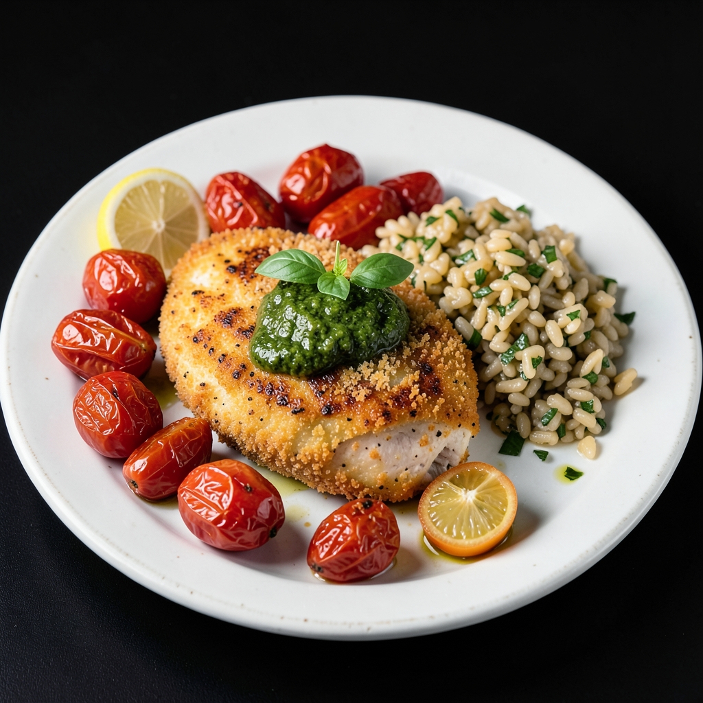 Crispy Pesto Chicken Cutlets with Roasted Cherry Tomatoes and Orzo