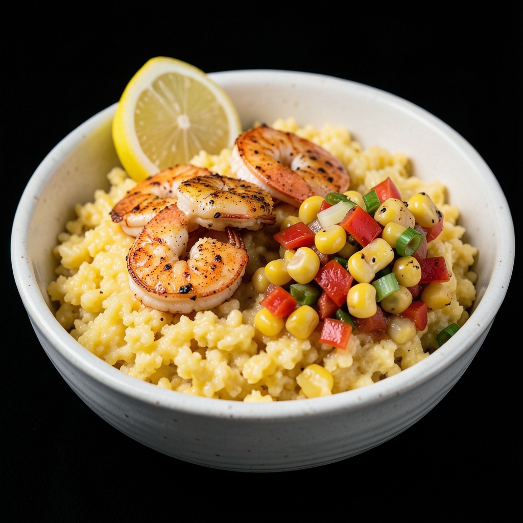 Smoky Shrimp and Cheddar Grits with Skillet Corn Relish