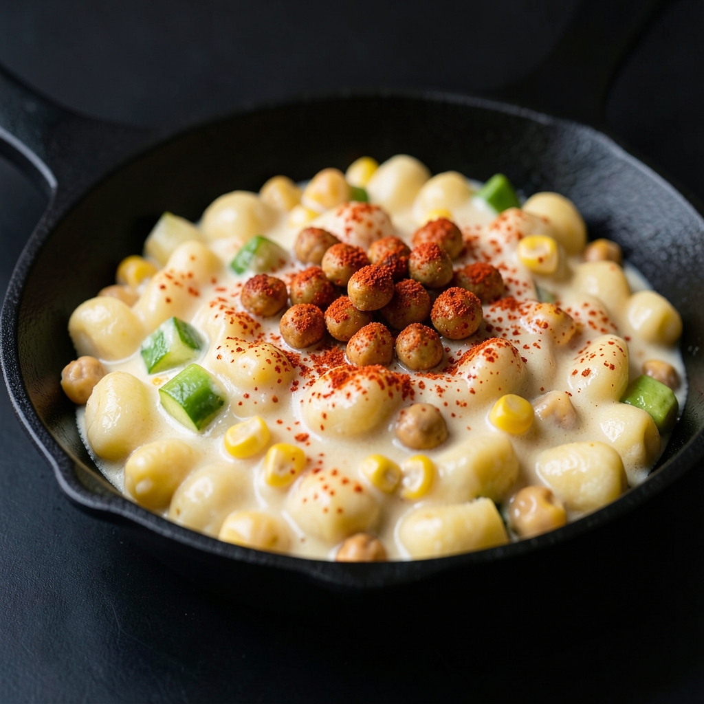 Creamy Corn and Zucchini Gnocchi with Crispy Paprika Chickpeas