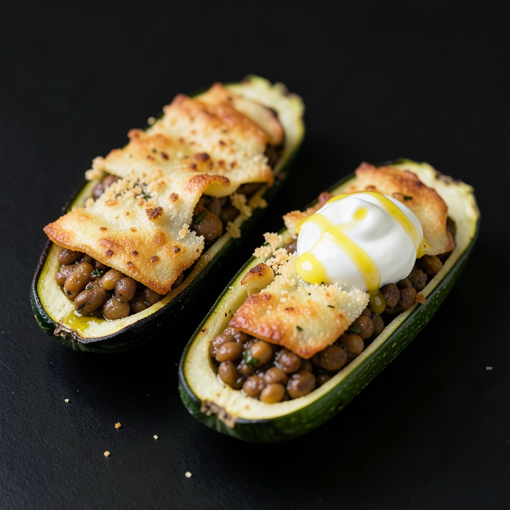 Crispy Halloumi-Stuffed Zucchini Boats with Lemon Lentils