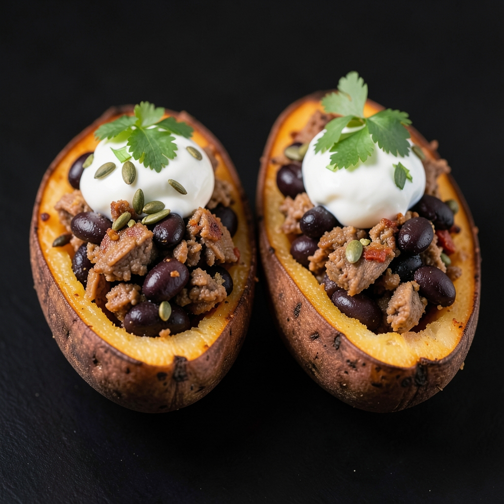 Crispy Turkey-Stuffed Sweet Potatoes with Smoky Black Beans