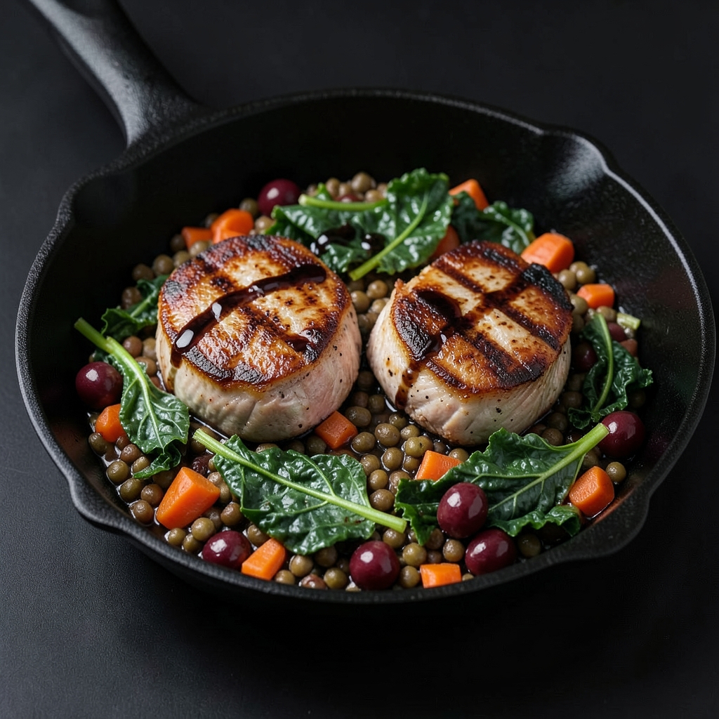 Seared Pork Chops with Cherry-Balsamic Lentils and Wilted Kale