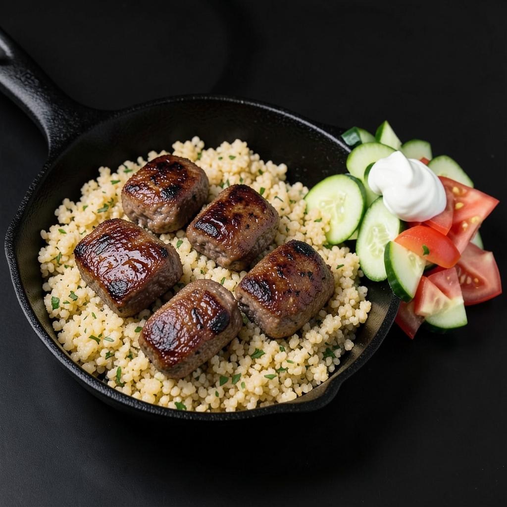 Skillet Beef Kofta with Herbed Bulgur and Cucumber-Tomato Salad