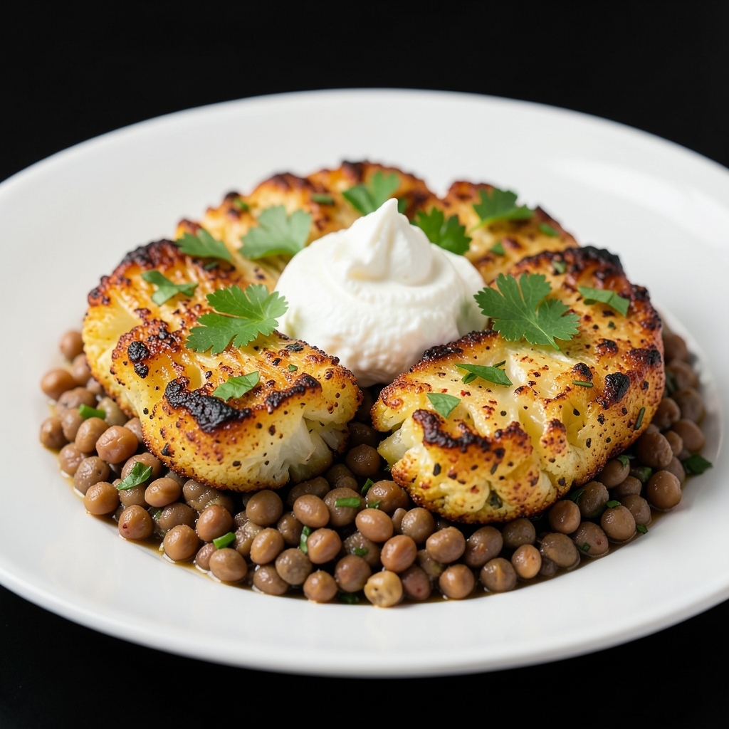 Roasted Cauliflower Steaks with Herbed Lentils and Whipped Feta