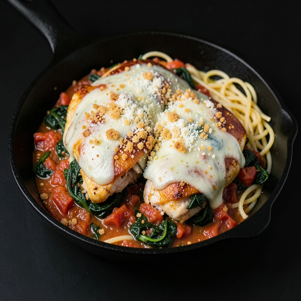Skillet Chicken Parmesan with Garlicky Spinach and Crispy Crumbs