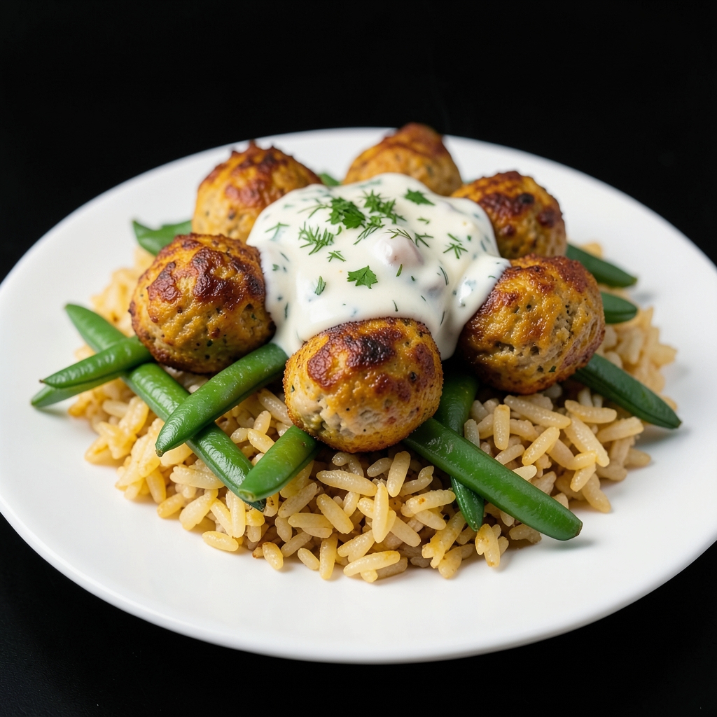 Turmeric Chicken Meatballs with Golden Rice, Green Beans & Lemon-Herb Yogurt