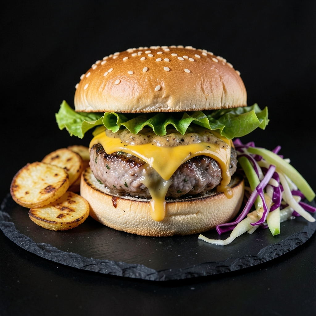 Herbed Turkey Burgers with Crispy Potato Coins and Tangy Apple Slaw