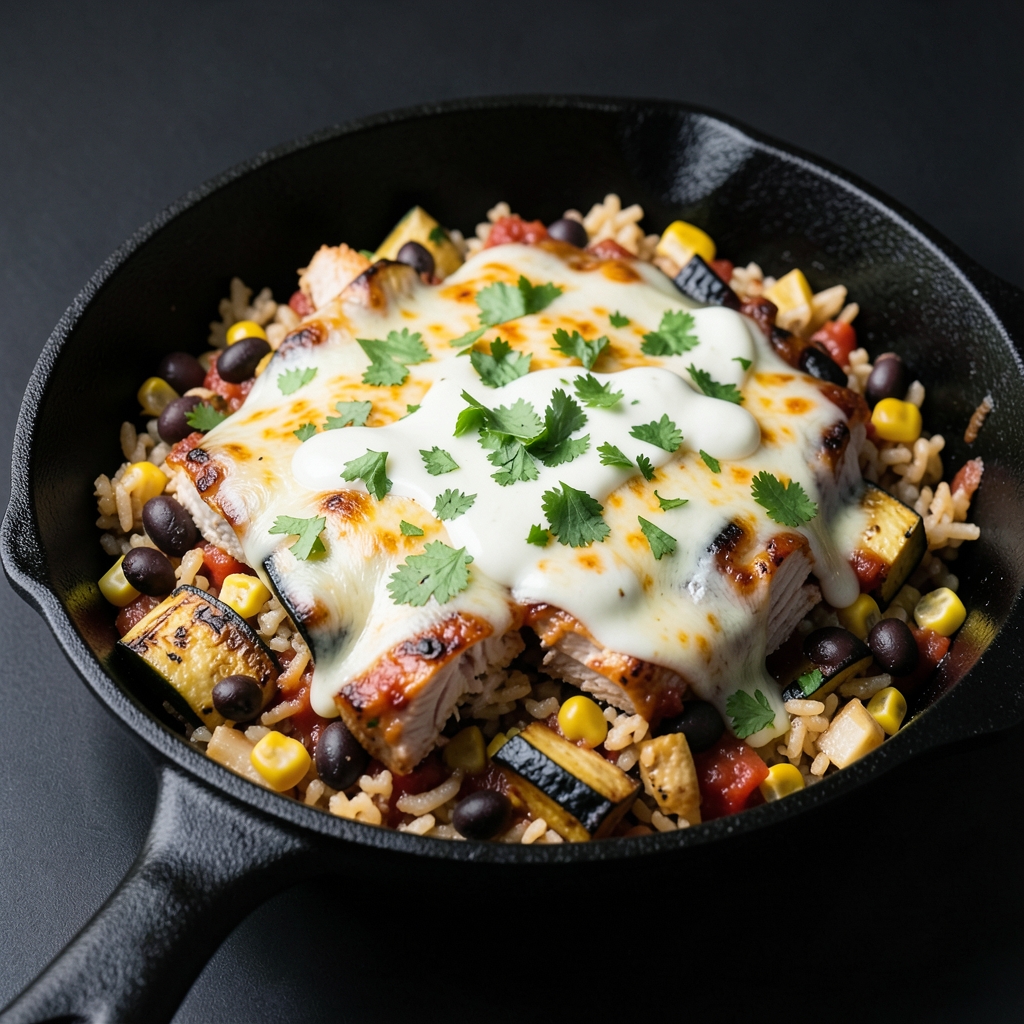 Cheesy Turkey Enchilada Rice Skillet with Charred Zucchini