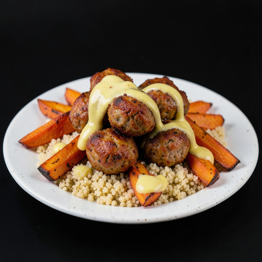 Harissa Turkey Meatballs with Roasted Carrots, Couscous & Lemon Tahini