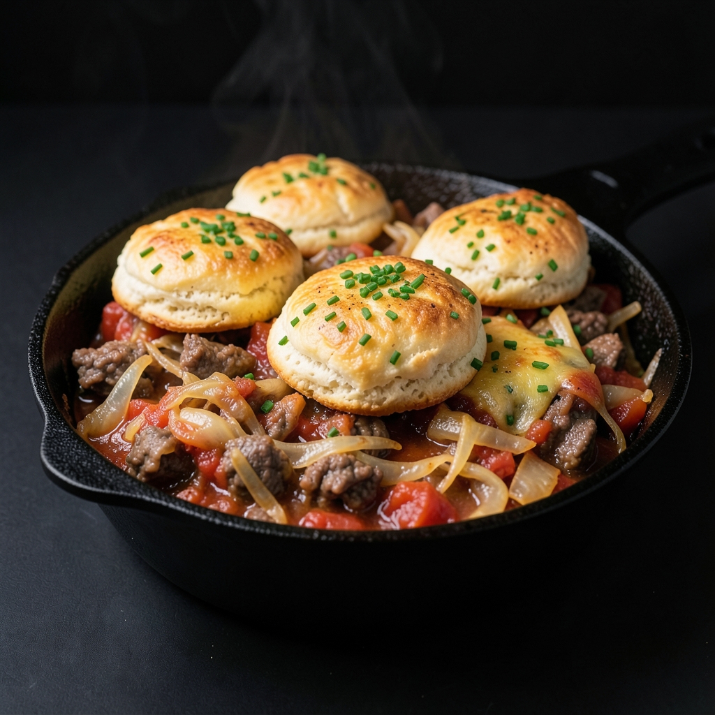 Beef and Cabbage Skillet Pie with Cheddar-Chive Biscuits