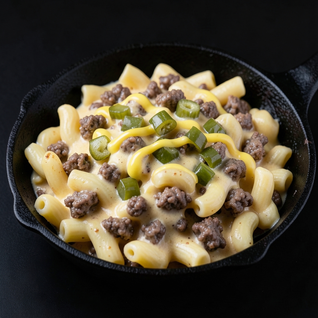 Skillet Cheeseburger Mac with Tangy Pickle Cheddar