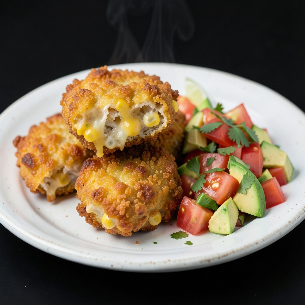 Cheddar-Corn Chicken Fritters with Fresh Tomato-Avocado Relish