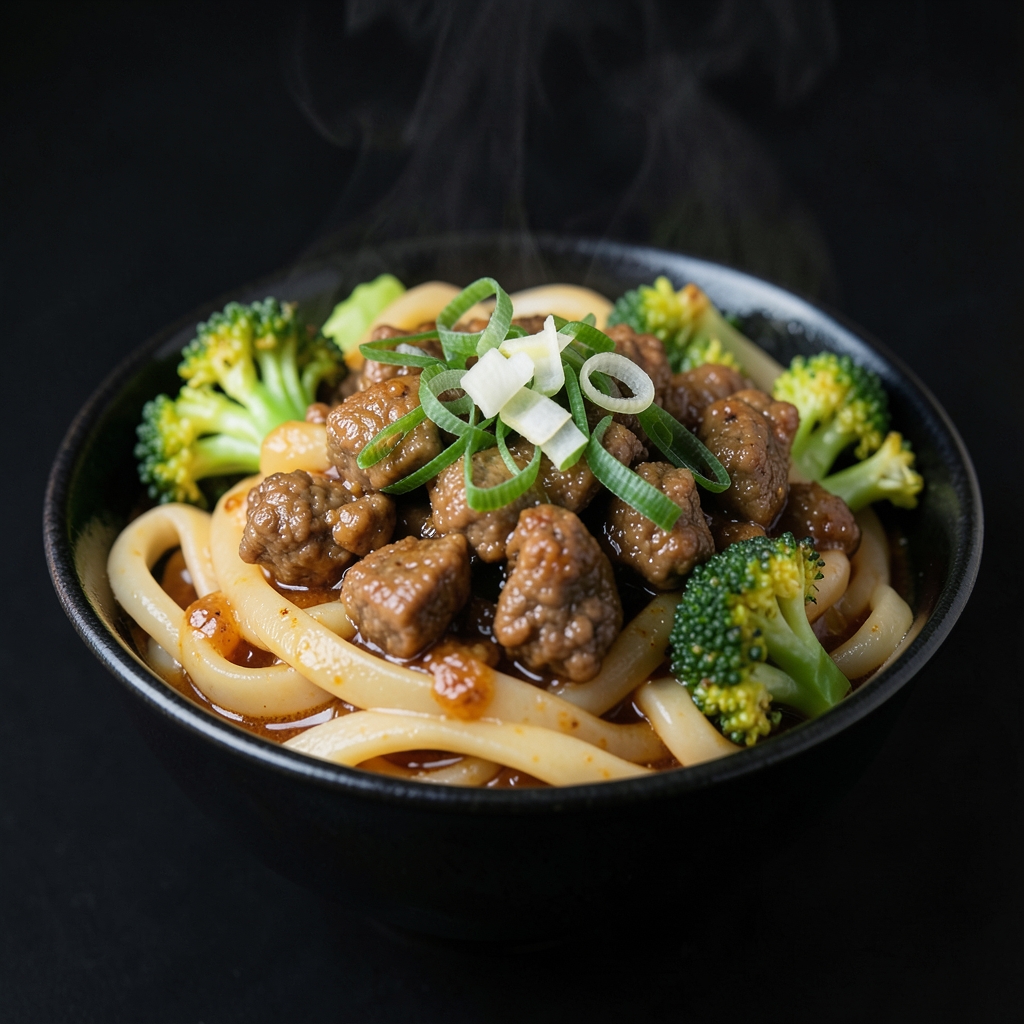 Sticky Ginger Beef and Broccoli Udon