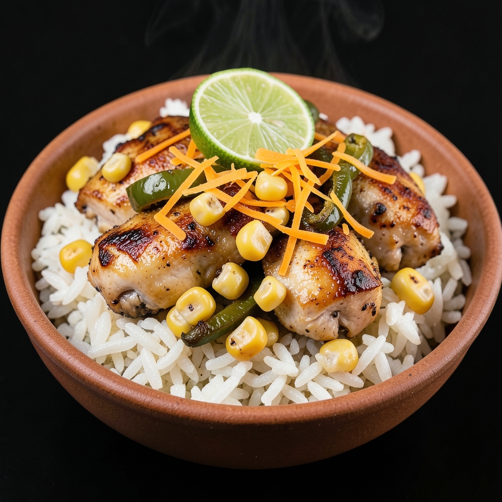 Smoky Poblano-Corn Chicken Rice Bowls with Lime and Cheddar