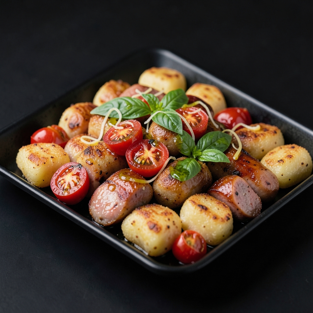 Sheet-Pan Sausage and Gnocchi with Burst Tomatoes and Basil