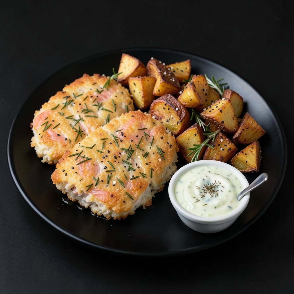 Herby Salmon Cakes with Roasted Potatoes and Cucumber Yogurt