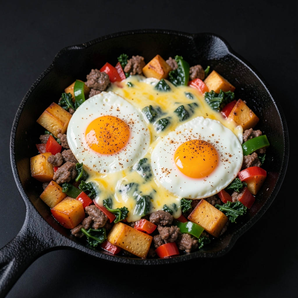 Skillet Beef and Sweet Potato Hash with Set-Yolk Eggs