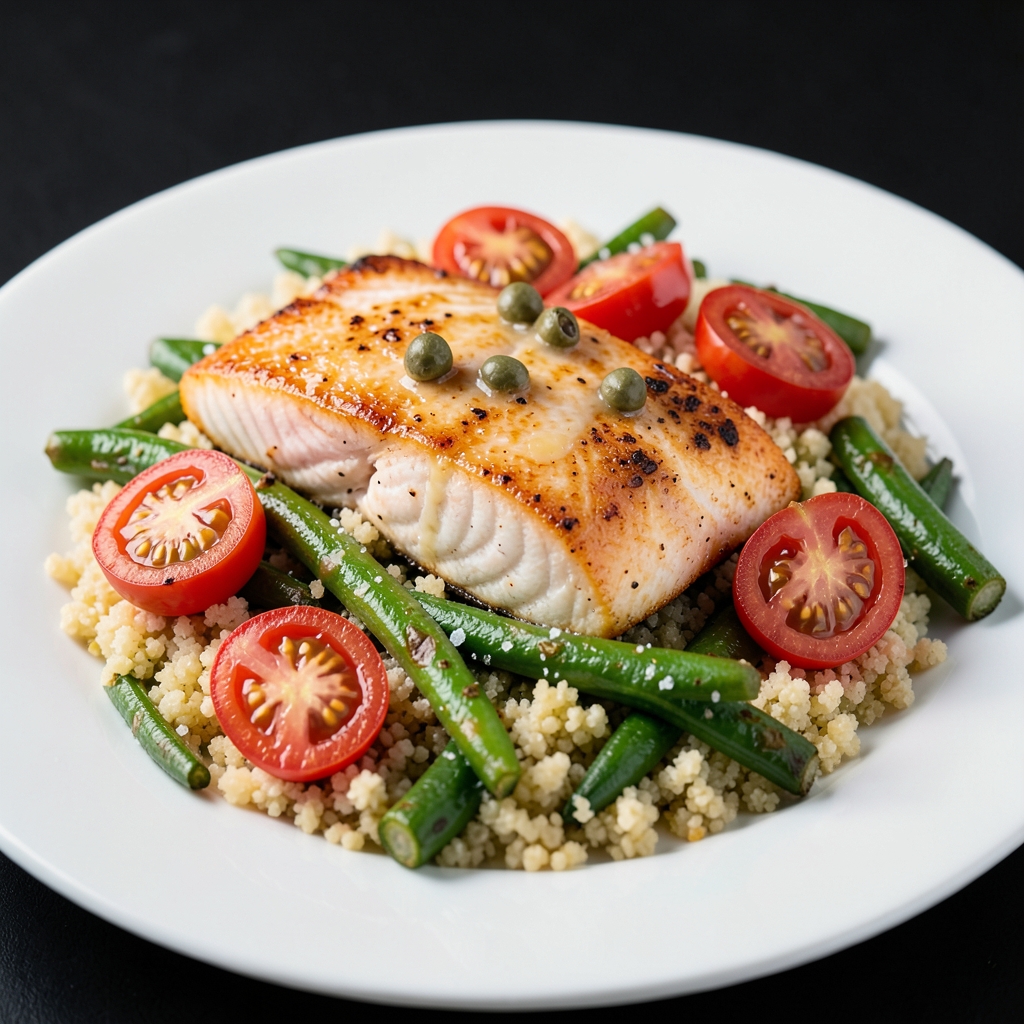 Baked Salmon with Burst Tomato-Caper Couscous and Green Beans