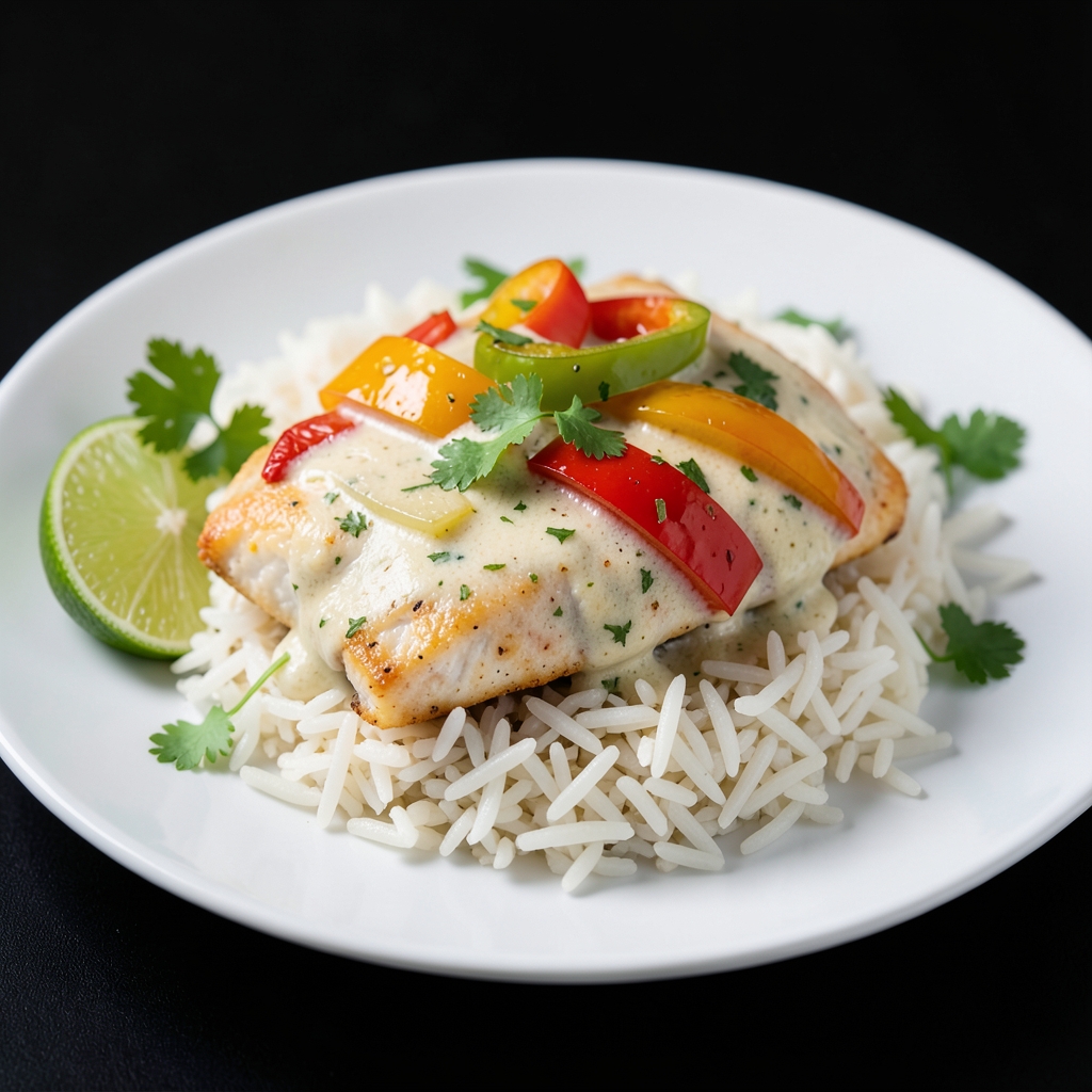Creamy Coconut-Lime Cod with Sweet Peppers and Rice