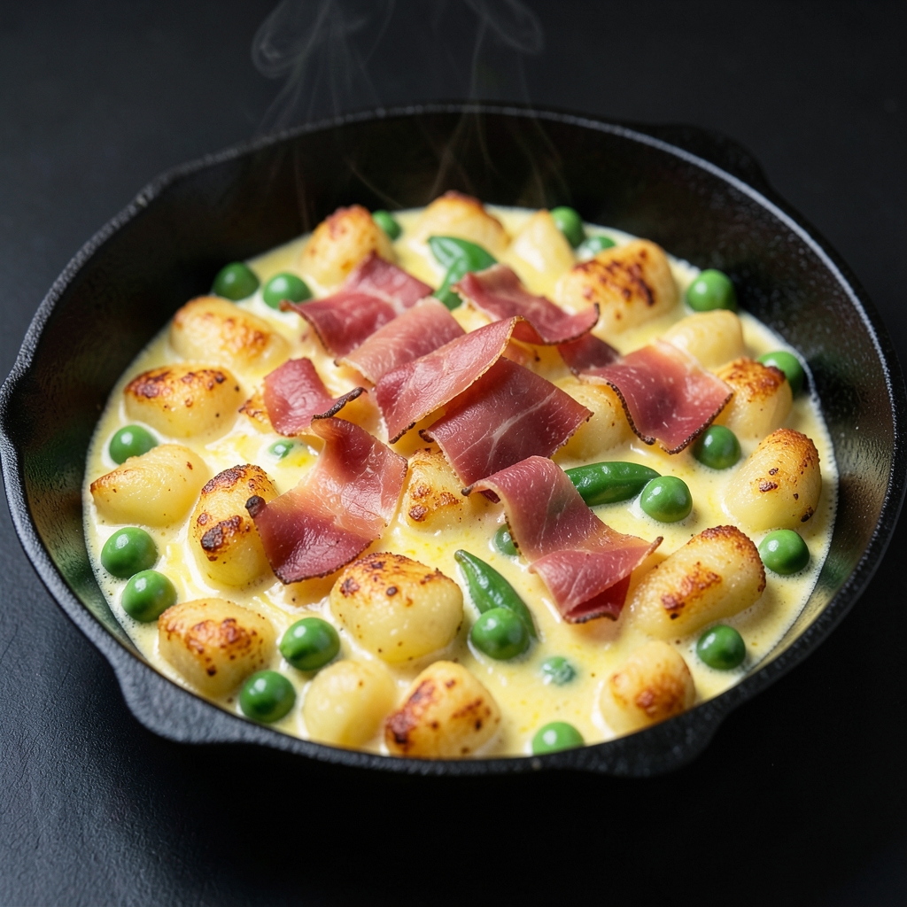 Golden Gnocchi with Crispy Prosciutto and Lemony Peas