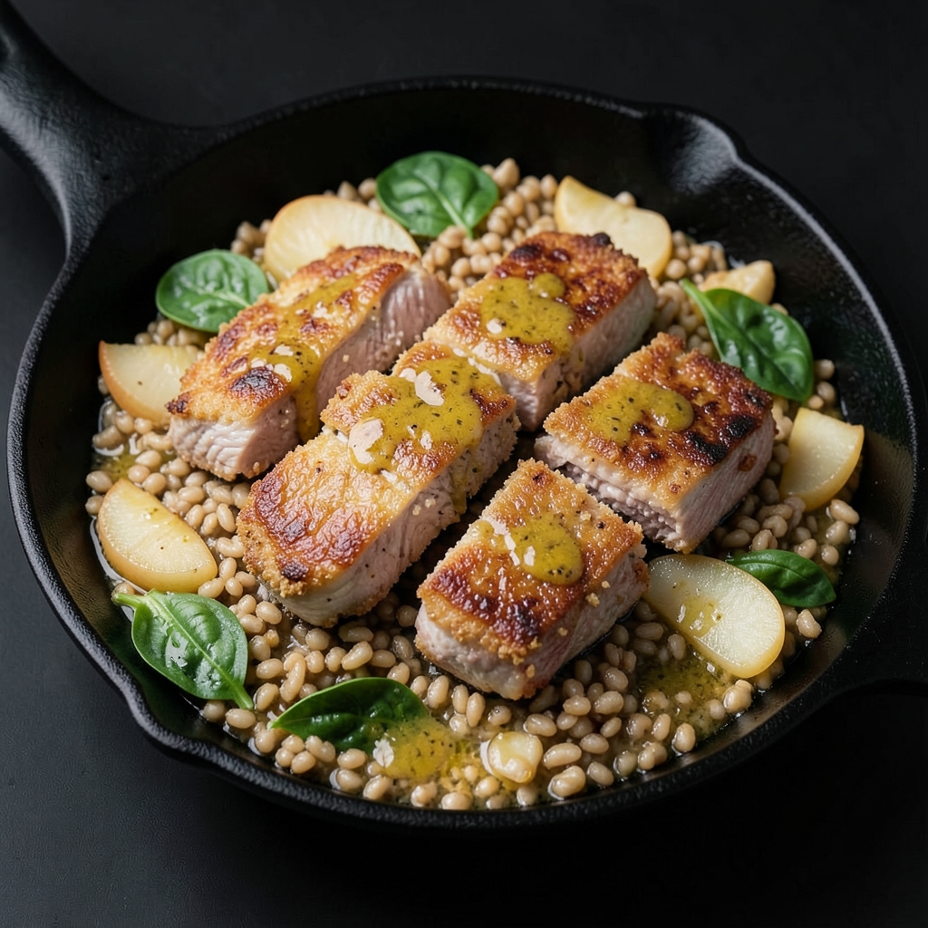 Crispy Pork Tenderloin Medallions with Warm Mustard-Apple Barley