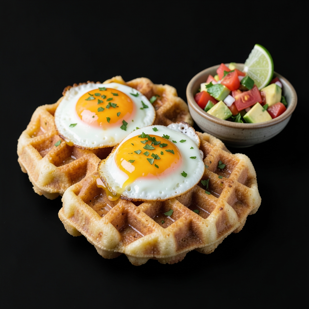 Cornmeal Waffles with Crispy Eggs and Tomato-Avocado Salsa