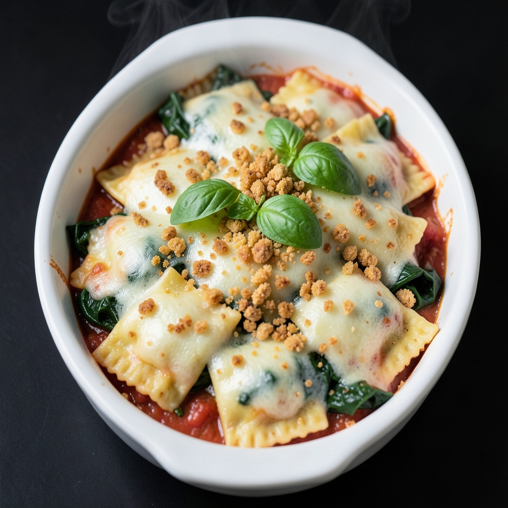 Bubbly Spinach Ravioli Bake with Garlic Crunch