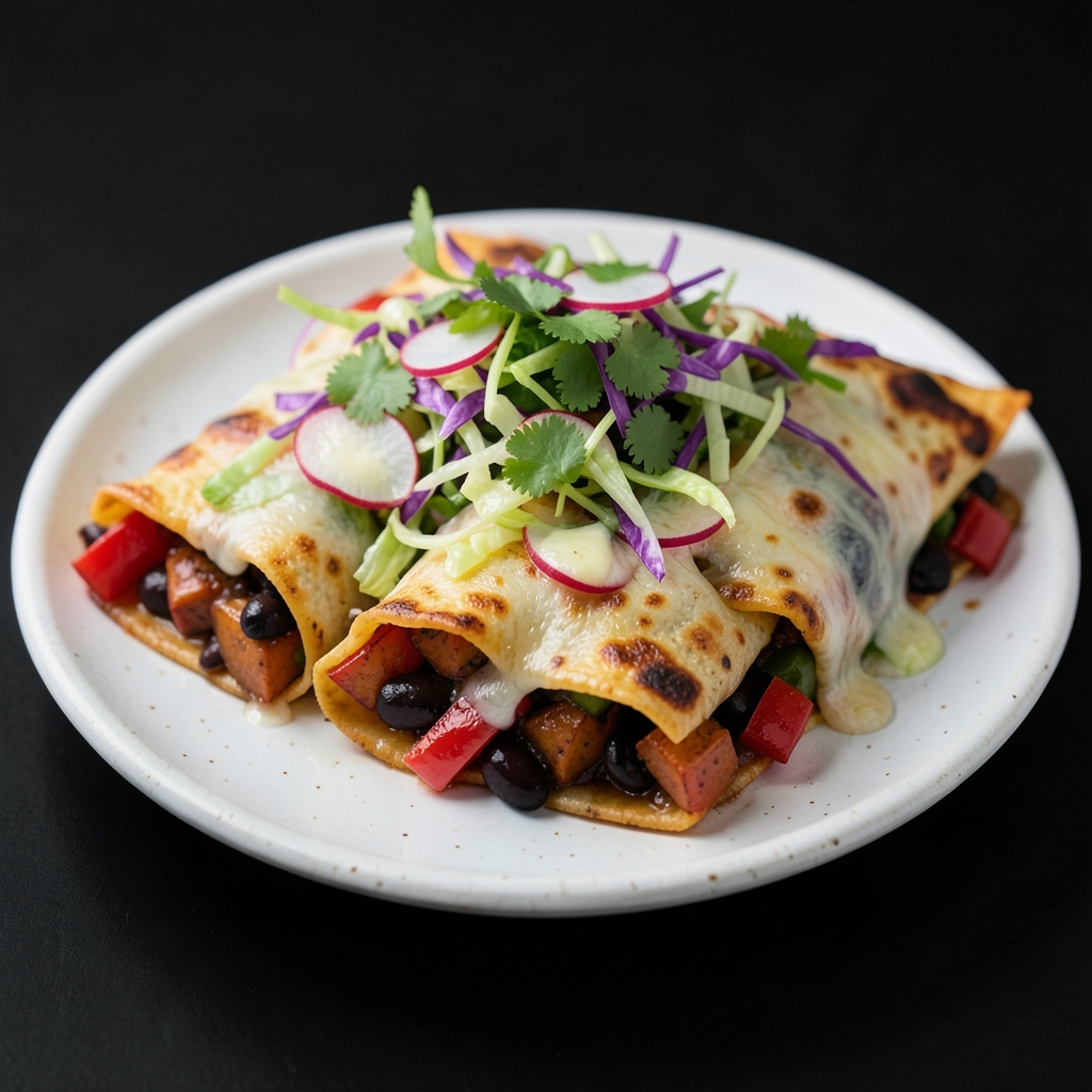 Sweet Potato and Black Bean Enchiladas with Crunchy Lime Slaw
