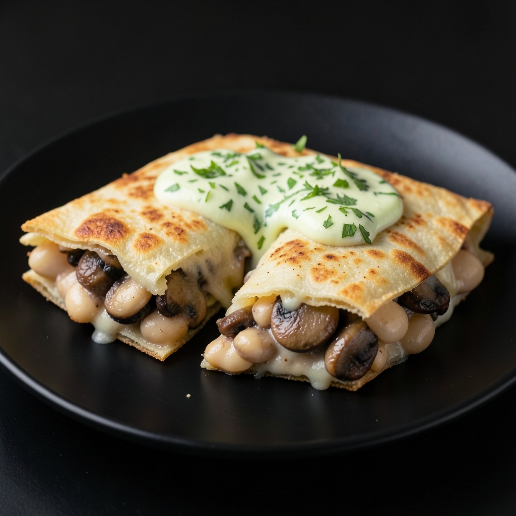 Crispy Mushroom-White Bean Quesadillas with Lime-Cilantro Cream