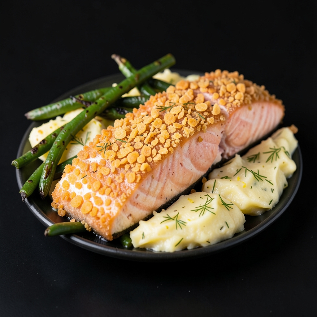 Cornflake-Crusted Salmon with Creamy Lemon-Dill Potatoes and Green Beans