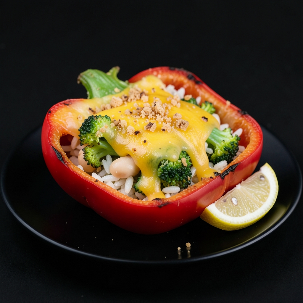 Cheesy Broccoli and White Bean Stuffed Peppers with Garlic Crumbs