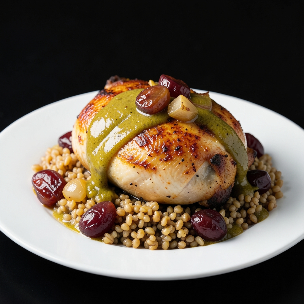 Roasted Grape Chicken with Mustard Pan Sauce and Farro