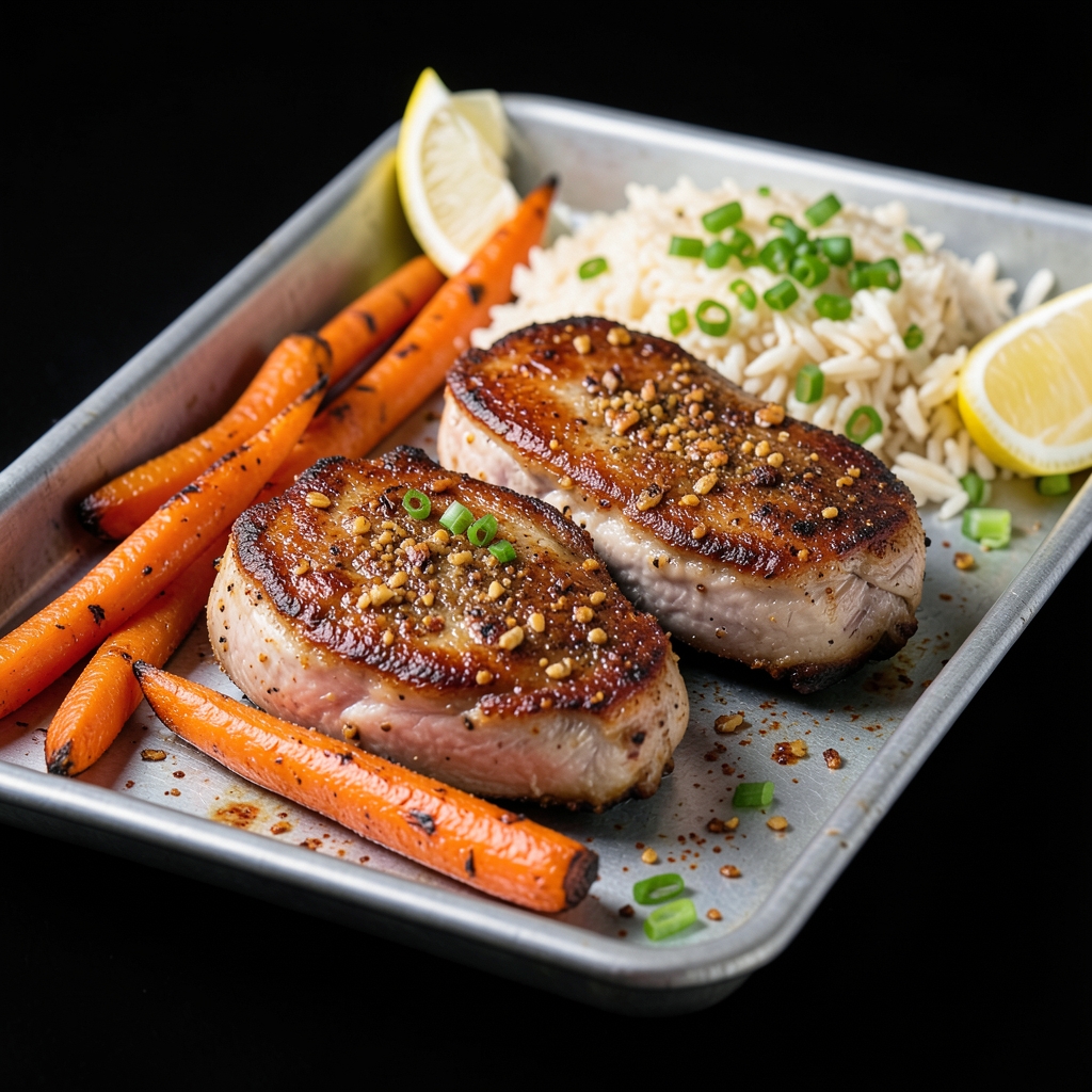 Garlic-Paprika Pork Chops with Roasted Carrots and Scallion Rice