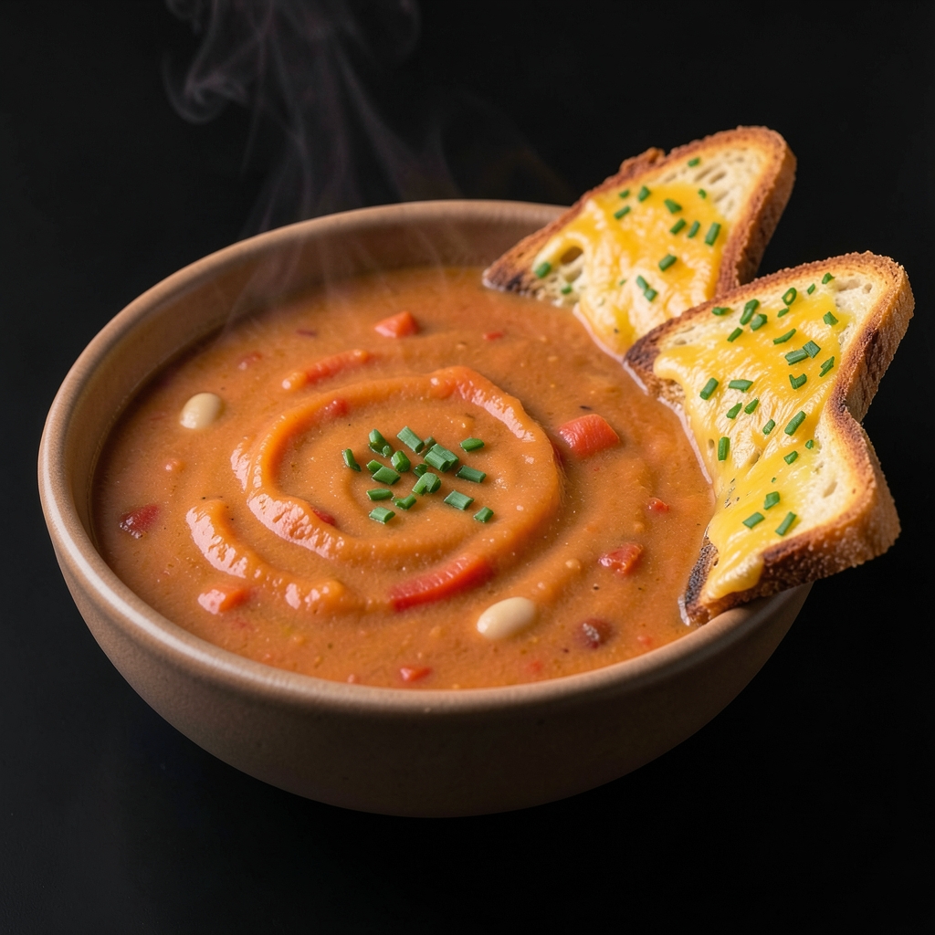 Roasted Carrot and Pepper Soup with Cheddar-Chive Toasts
