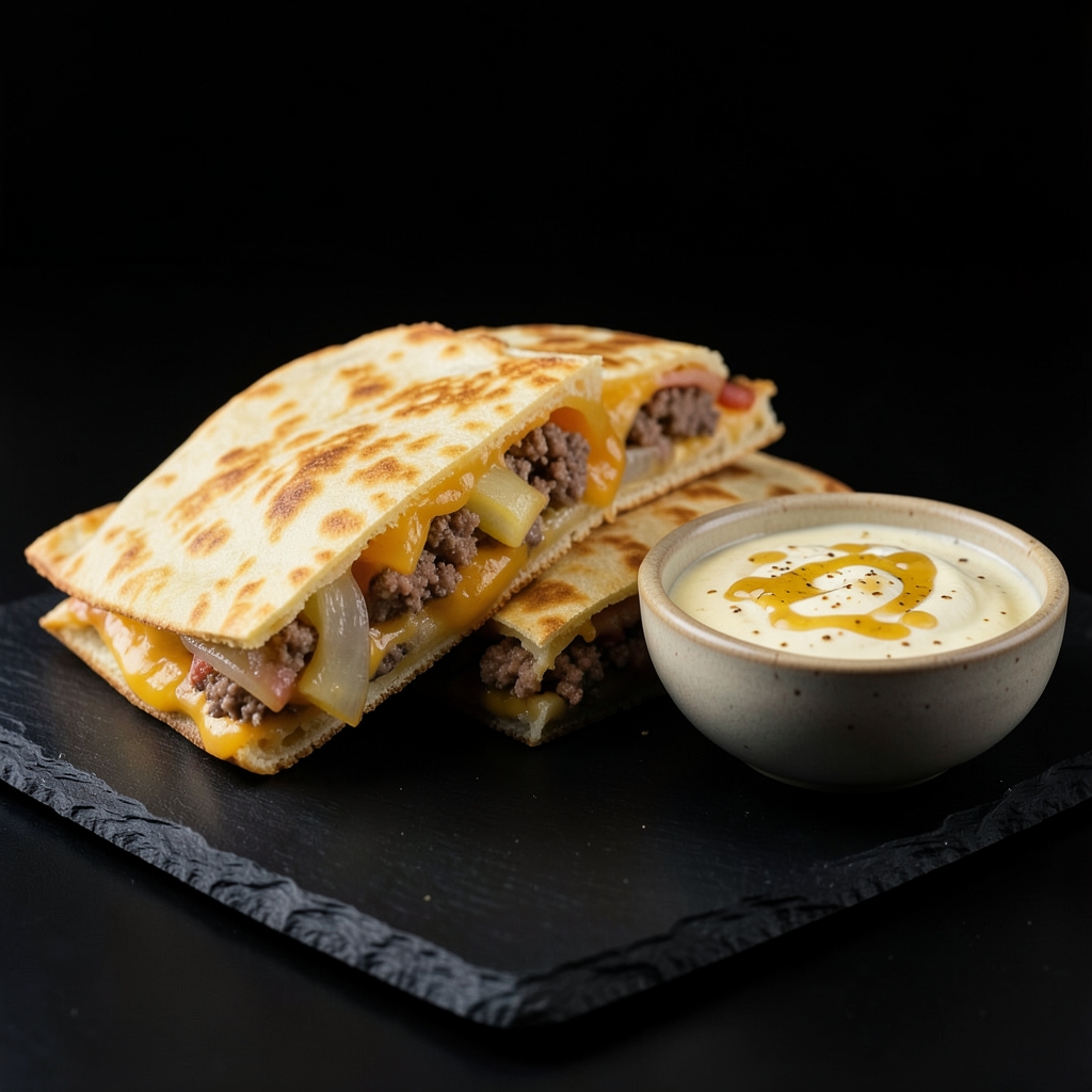 Apple-Cheddar Sausage Quesadillas with Mustard Yogurt
