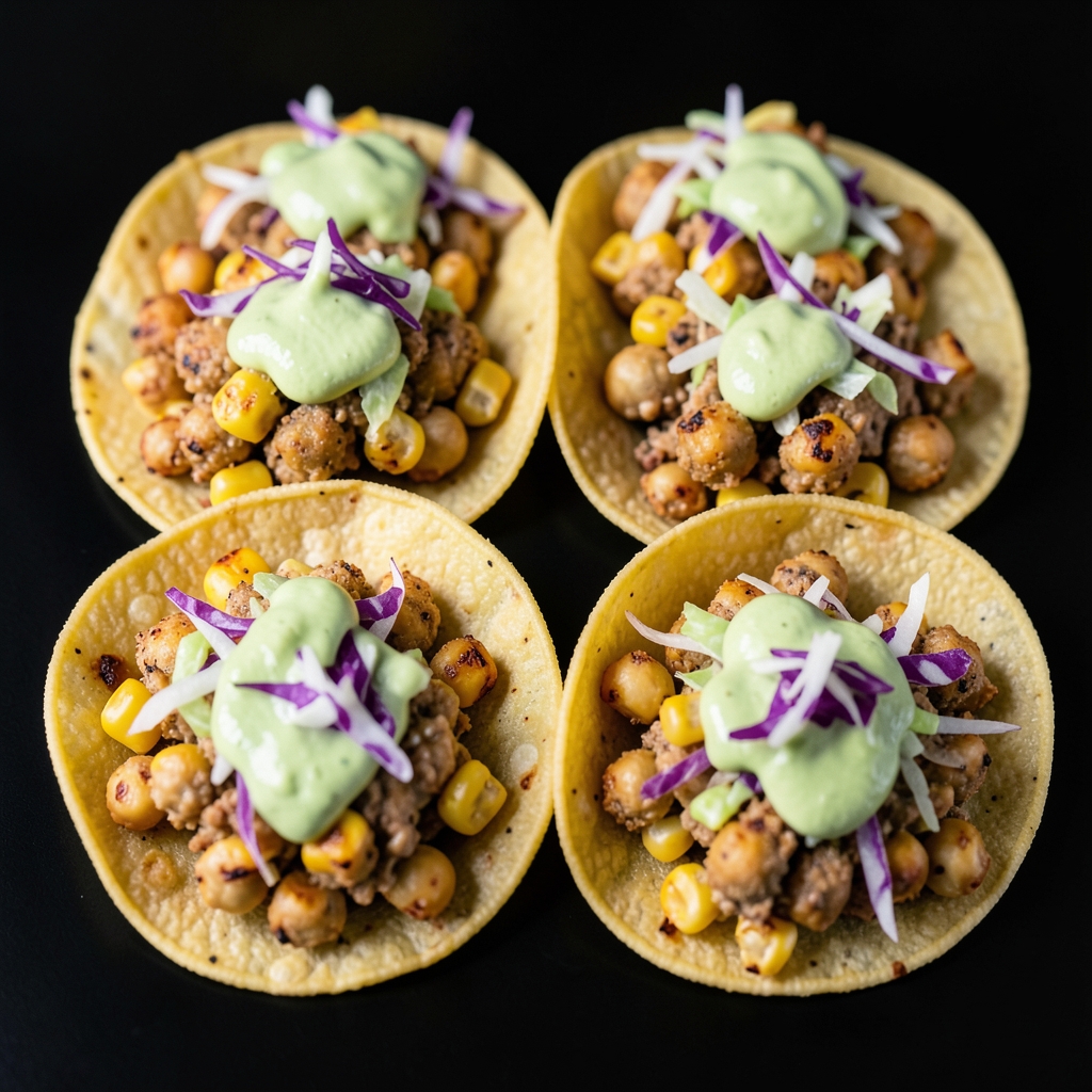 Crispy Ranch Chickpea Tacos with Roasted Corn and Avocado Crema
