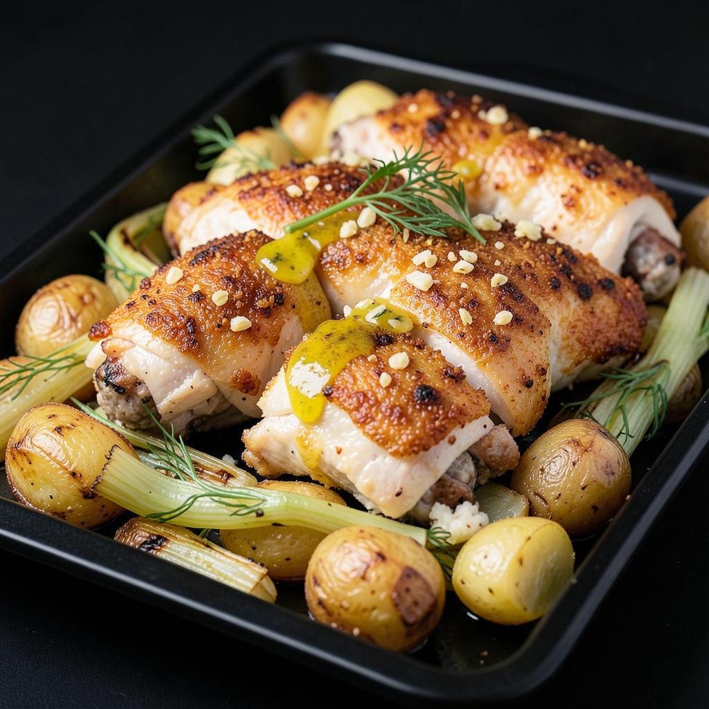 Crispy Lemon Chicken with Roasted Fennel and Potatoes