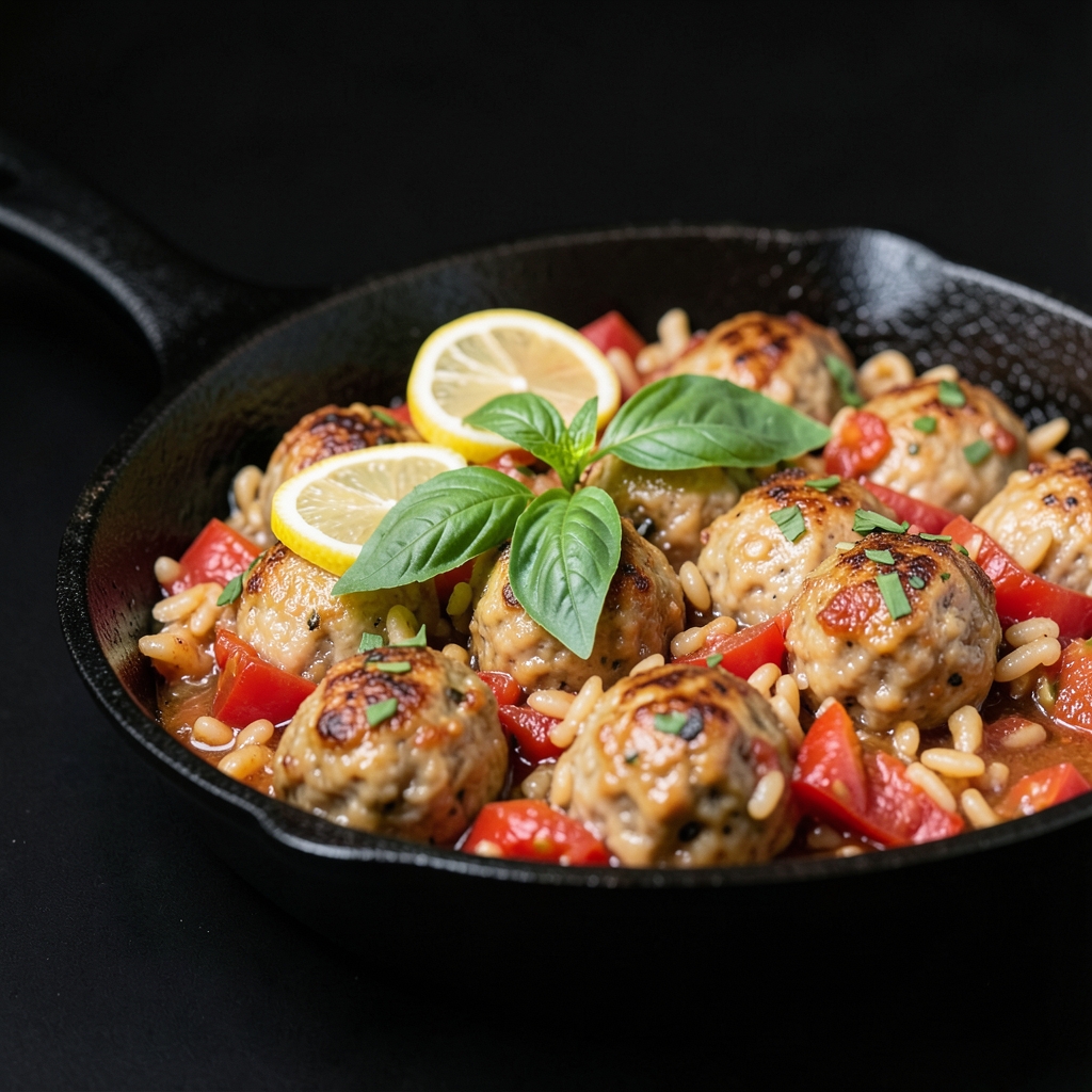 Skillet Turkey Meatballs with Saucy Tomato Orzo and Basil
