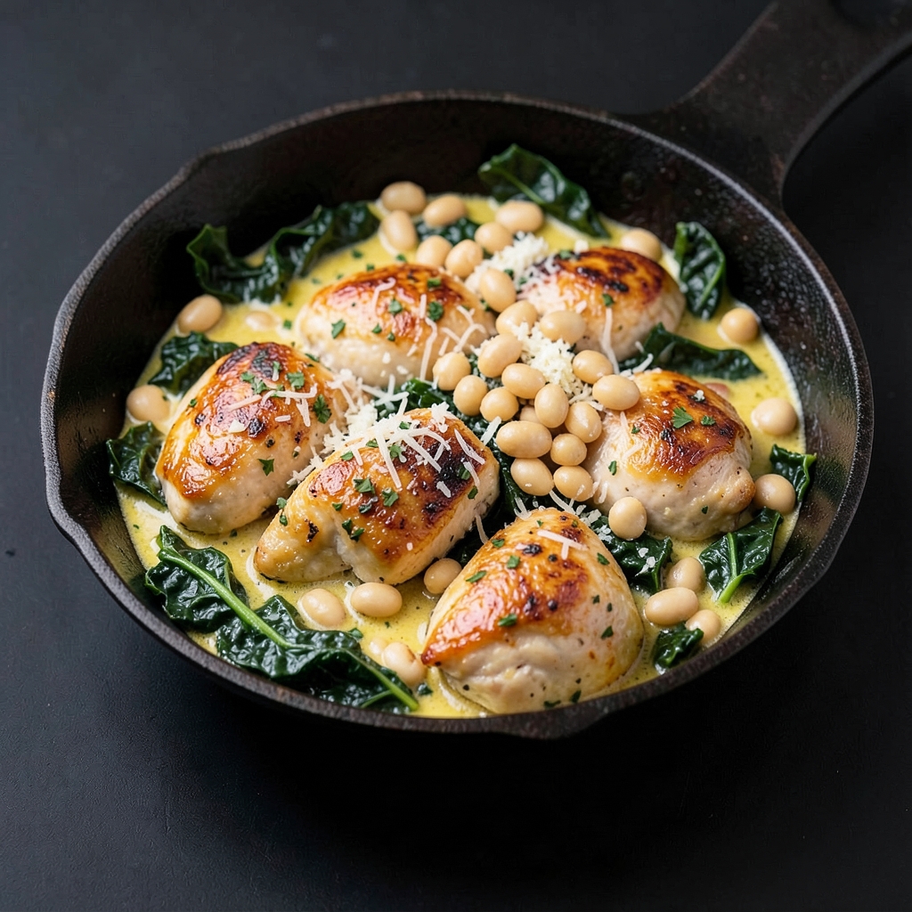 Lemony Chicken and Kale Skillet with Crispy White Beans