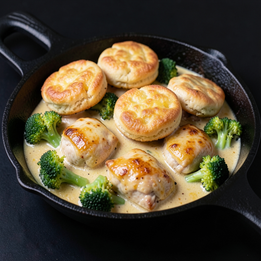 Creamy Chicken and Broccoli Skillet with Cheddar Biscuit Crowns