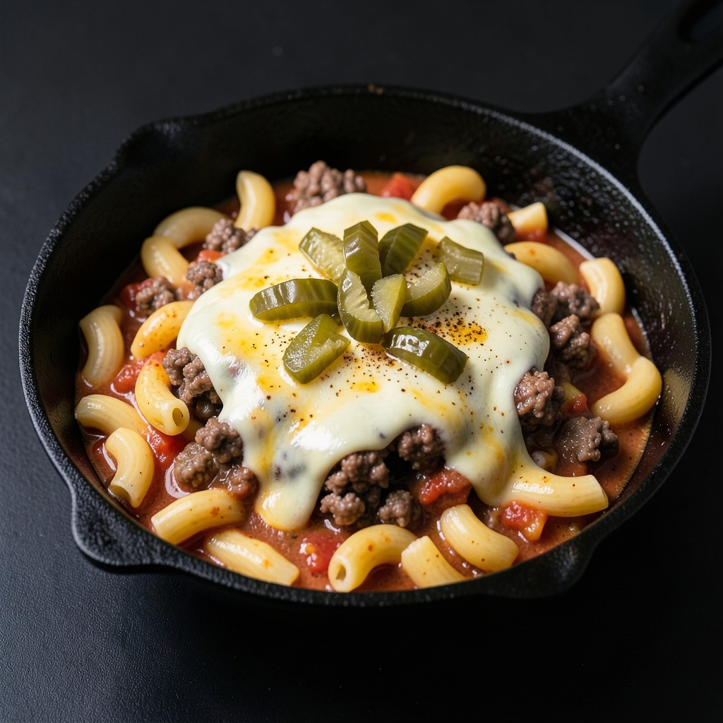 Skillet Cheeseburger Mac with Tangy Pickle Finish
