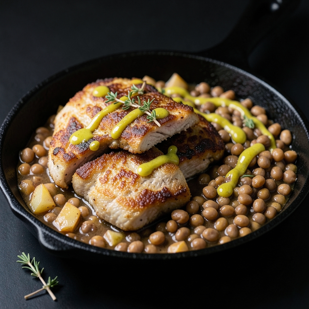 Crispy Pork Cutlets with Warm Apple-Cider Lentils