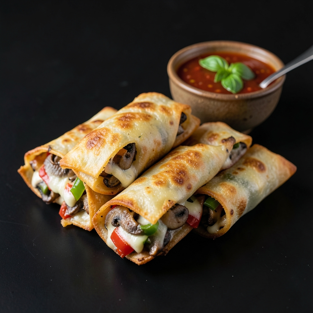 Crispy Mushroom Pizza Rolls with Warm Basil Marinara