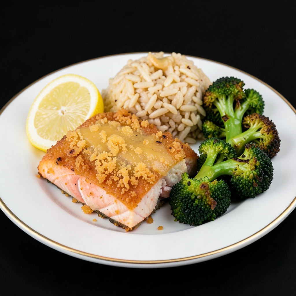 Cheddar-Crusted Salmon with Lemon Rice and Roasted Broccoli