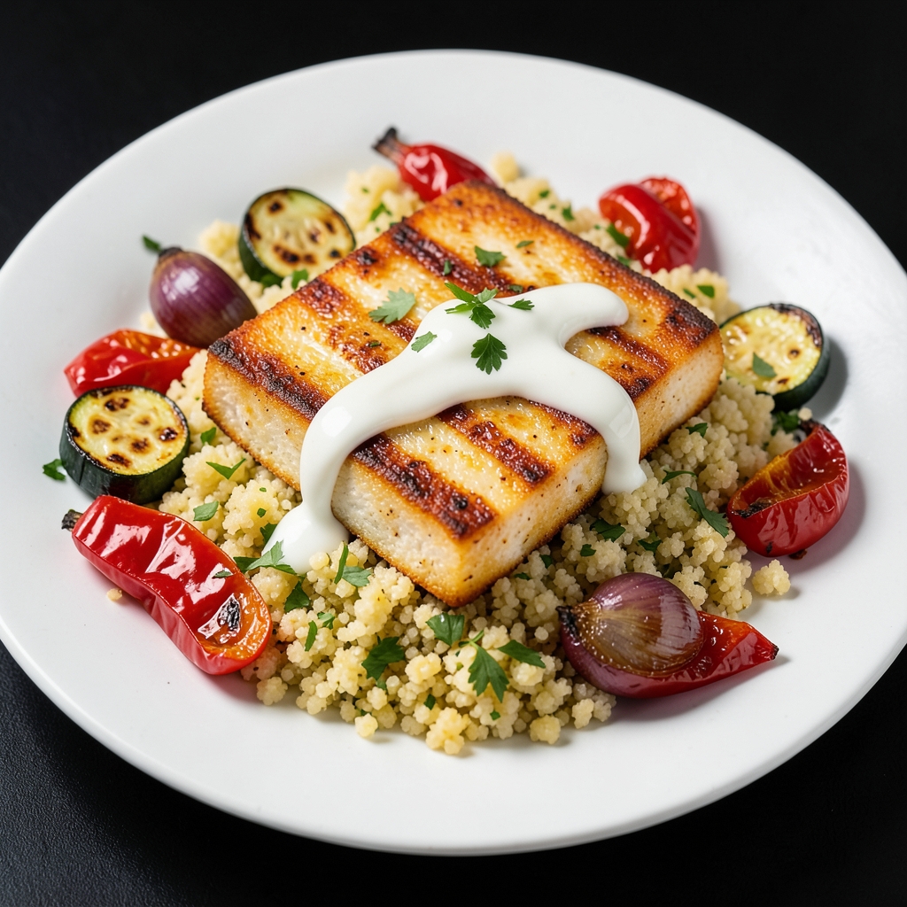 Crispy Harissa Halloumi with Roasted Vegetables and Herbed Couscous