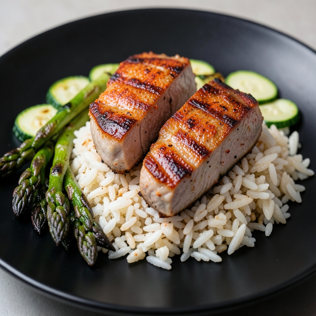 Skillet Pork Chops with Rice and Your Choice of Green Vegetable