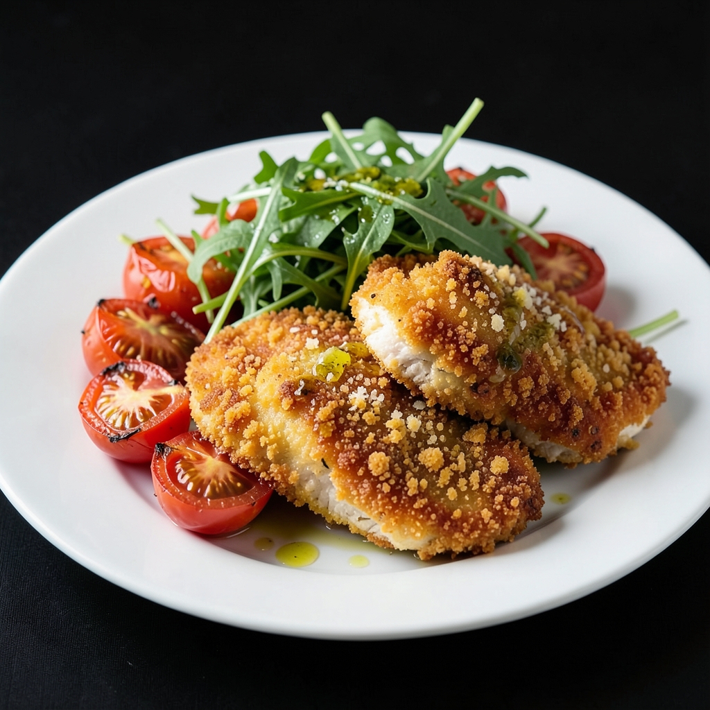 Crispy Parmesan Chicken Cutlets with Burst Tomatoes and Arugula