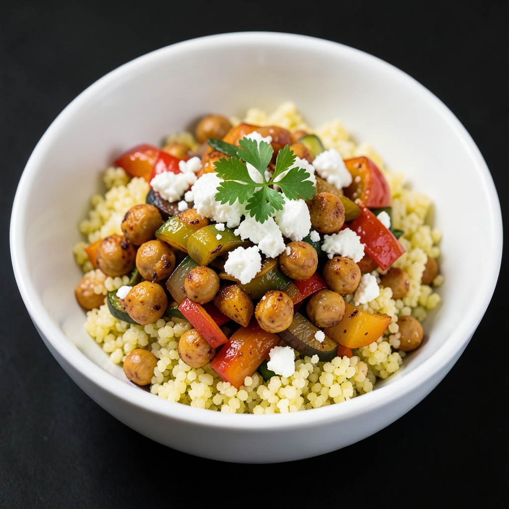 Caramelized Vegetable Couscous with Crispy Chickpeas and Feta