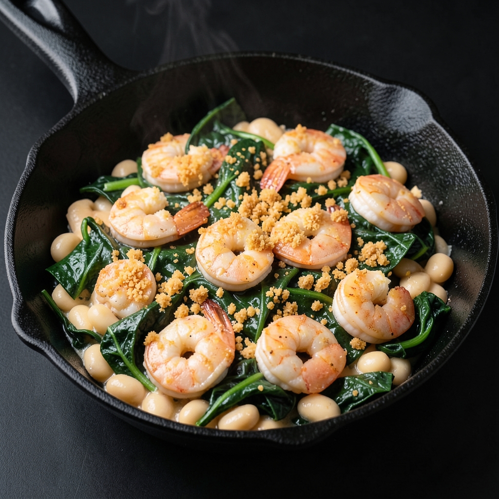 Lemony Shrimp and White Beans with Crispy Garlic Crumbs