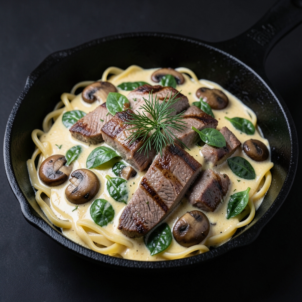 Skillet Beef Stroganoff with Mushrooms, Spinach & Dill